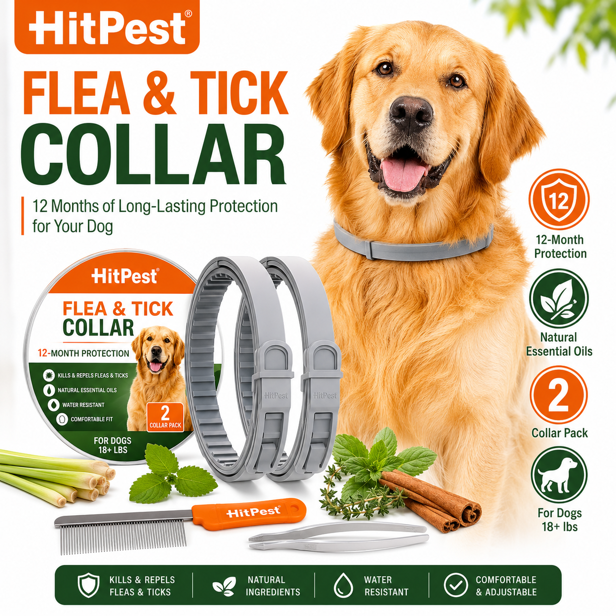 Hitpest Flea and Tick Collar for Large Dog 12-Month Full-Body Protection