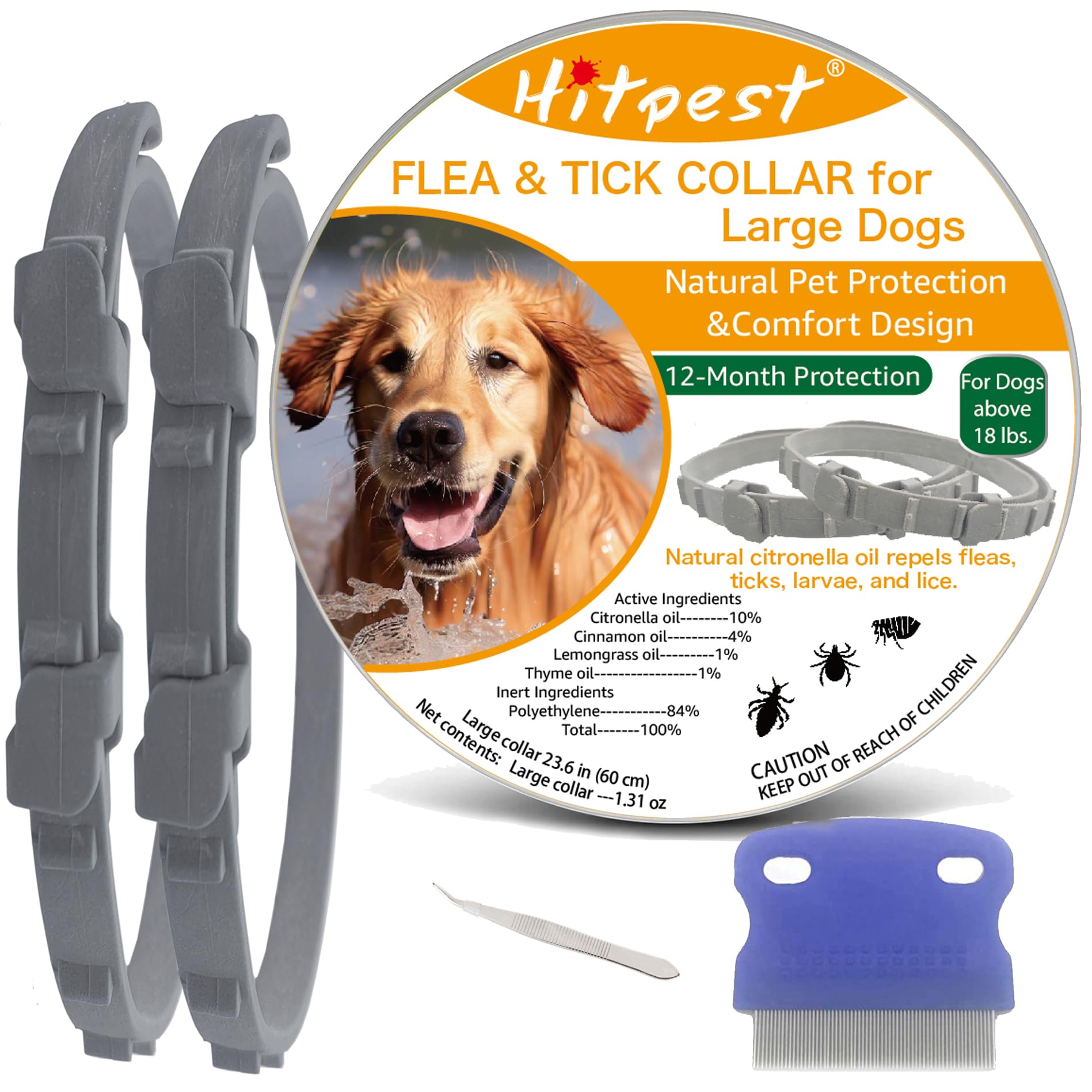 Hitpest Flea and Tick Collar for Large Dog 12-Month Full-Body Protection