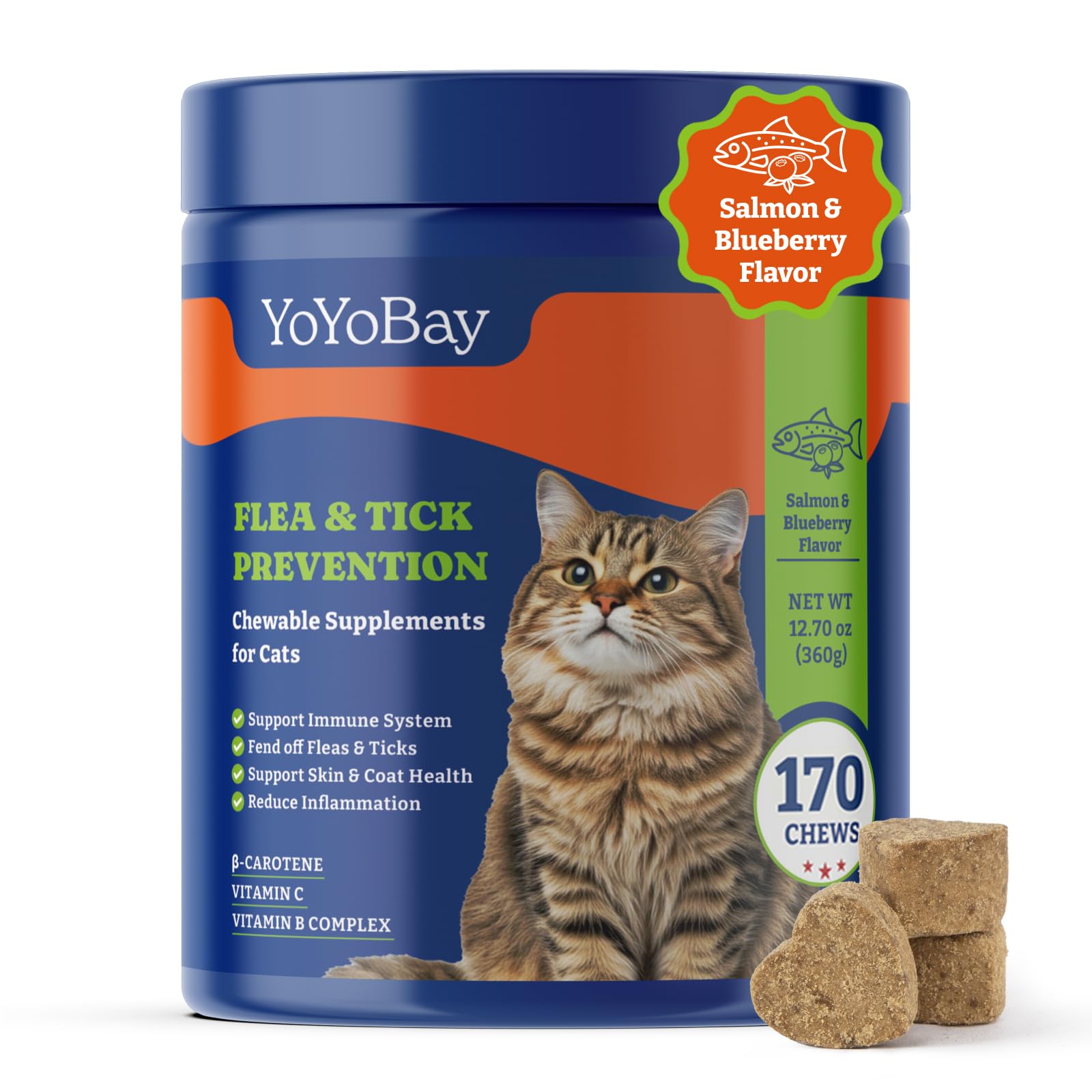 YoYoBay Flea and Tick Prevention for Cats - 170 Soft Chews Salmon & Blueberry